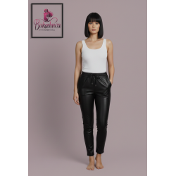 Suni Deri Jogger Pantolon Bel ve Paçası Lastikli, Bağcık Detaylı