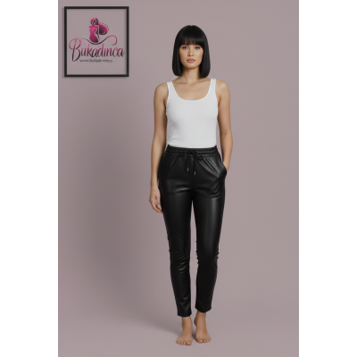 Suni Deri Jogger Pantolon Bel ve Paçası Lastikli, Bağcık Detaylı